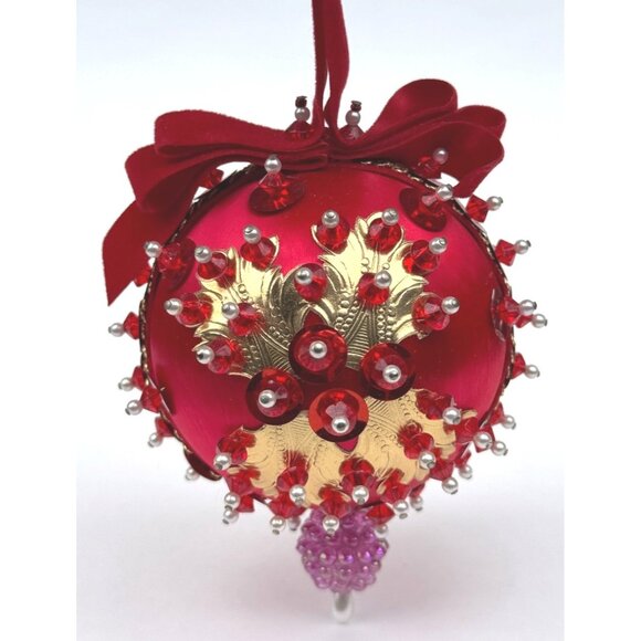 Vintage Red Satin Beaded Push Pin Christmas Ornament Handmade 2 Mid Century - Picture 7 of 12